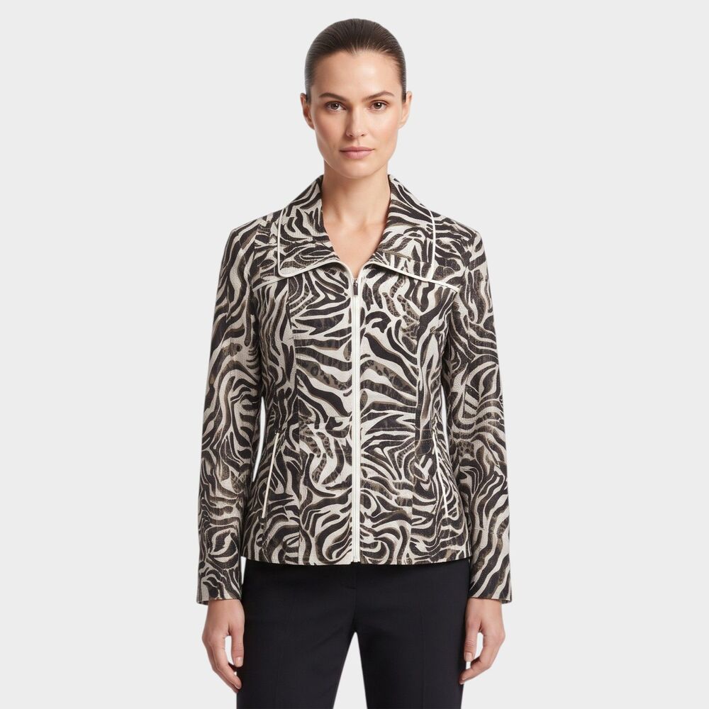 Chicos Medium Zebra Print Cotton Blend Zip Jacket Animal Print Outerwear
